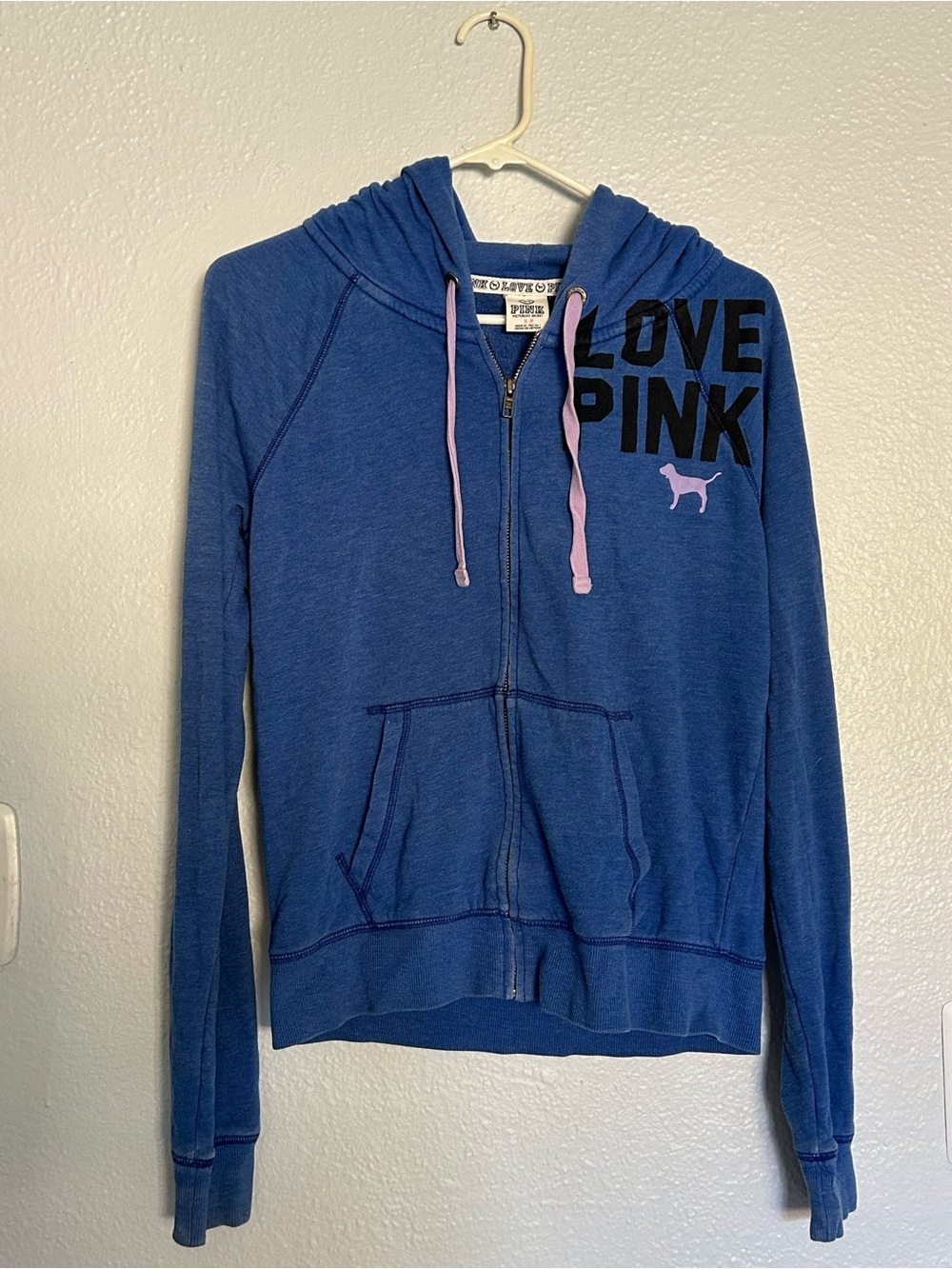 PINK Victoria's Secret Blue Zip Hoodie with Pink Drawstrings and Logo